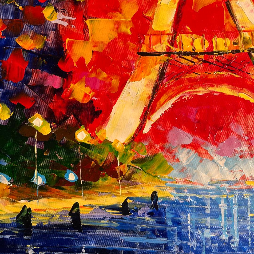 手書き油絵 パリの風景 エッフェル塔 インテリア 絵画 油彩画