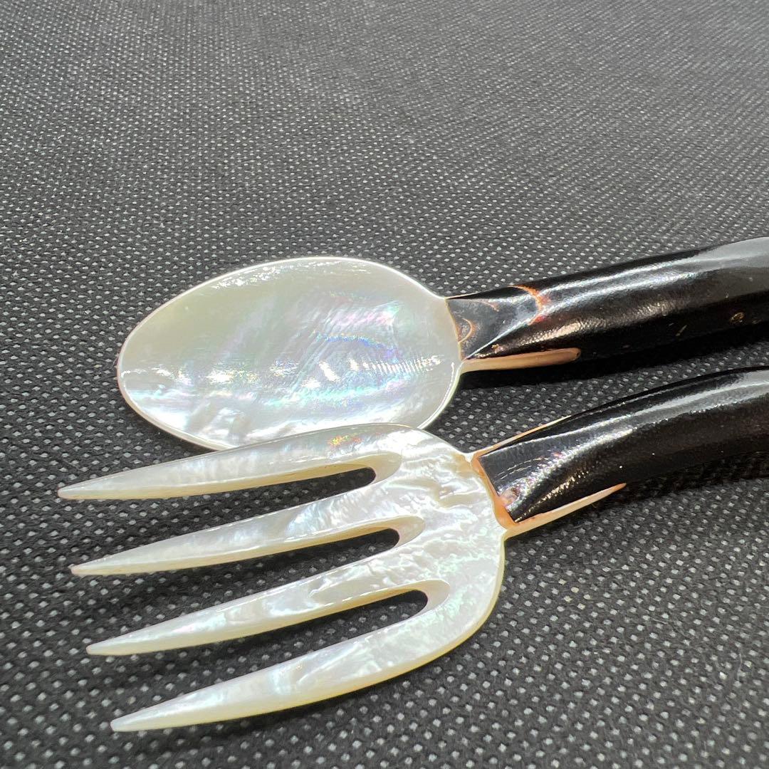 黒珊瑚　ハワイアンブラックコーラル　珊瑚枝柄スプーンとホーク　貝の彫物　珍品