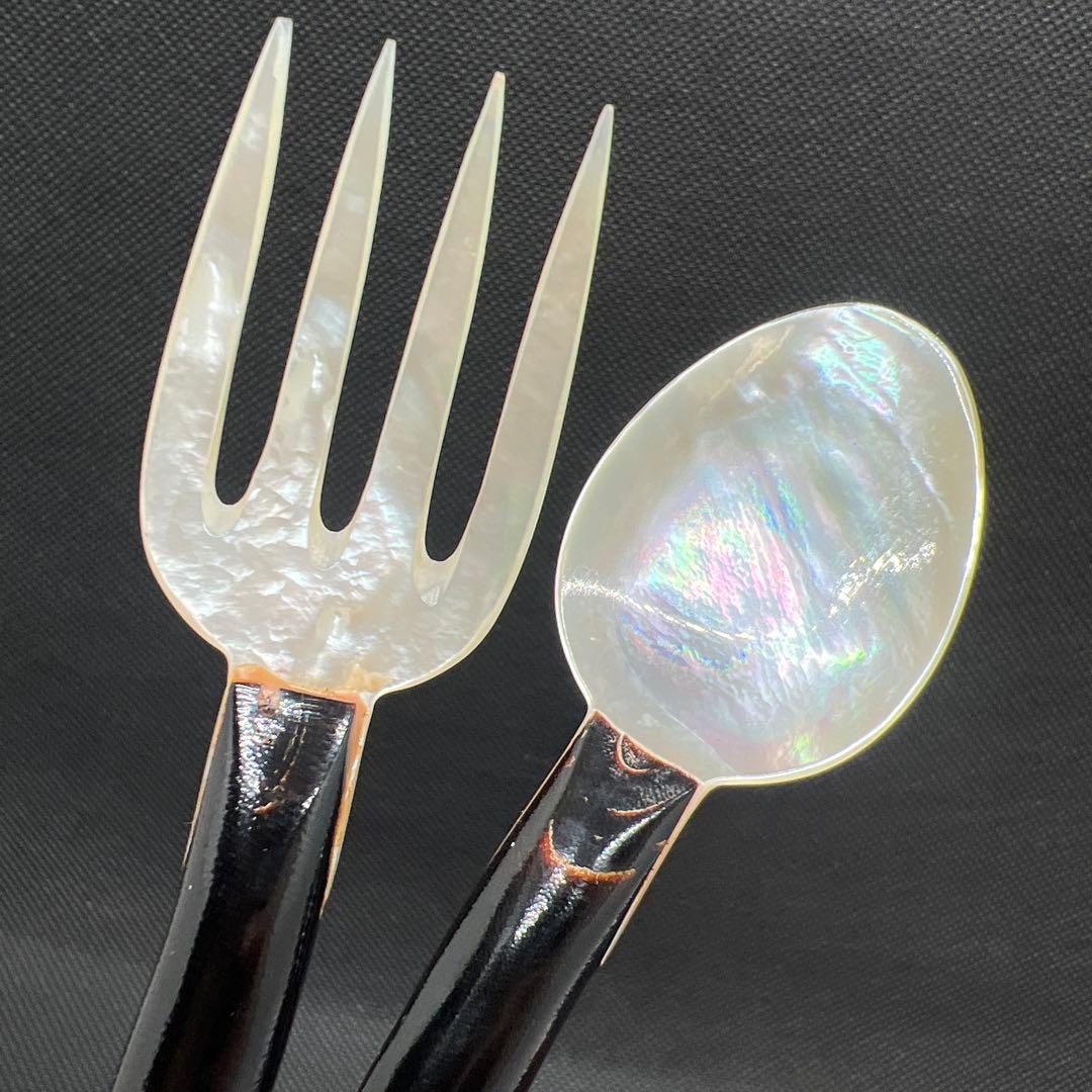 黒珊瑚　ハワイアンブラックコーラル　珊瑚枝柄スプーンとホーク　貝の彫物　珍品