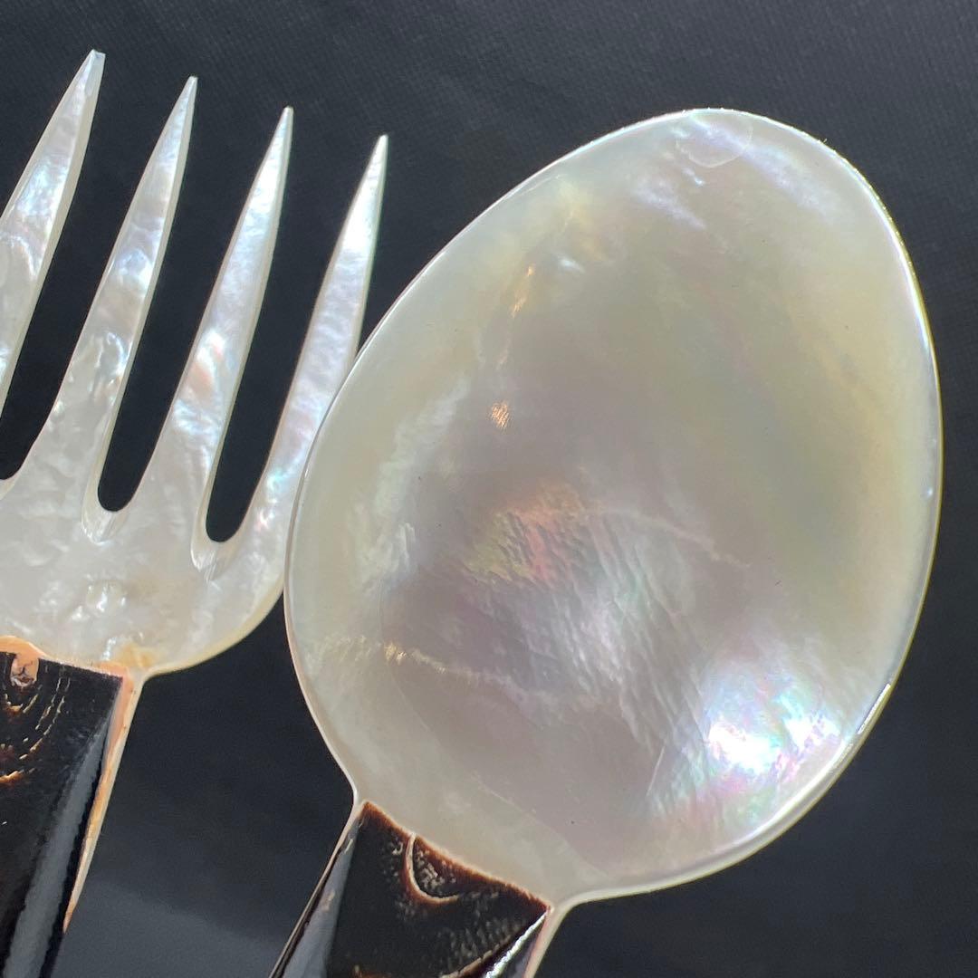 黒珊瑚　ハワイアンブラックコーラル　珊瑚枝柄スプーンとホーク　貝の彫物　珍品